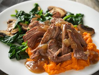 Beef Pot Roast with Maple Sweet Potatoes and Cider Gravy