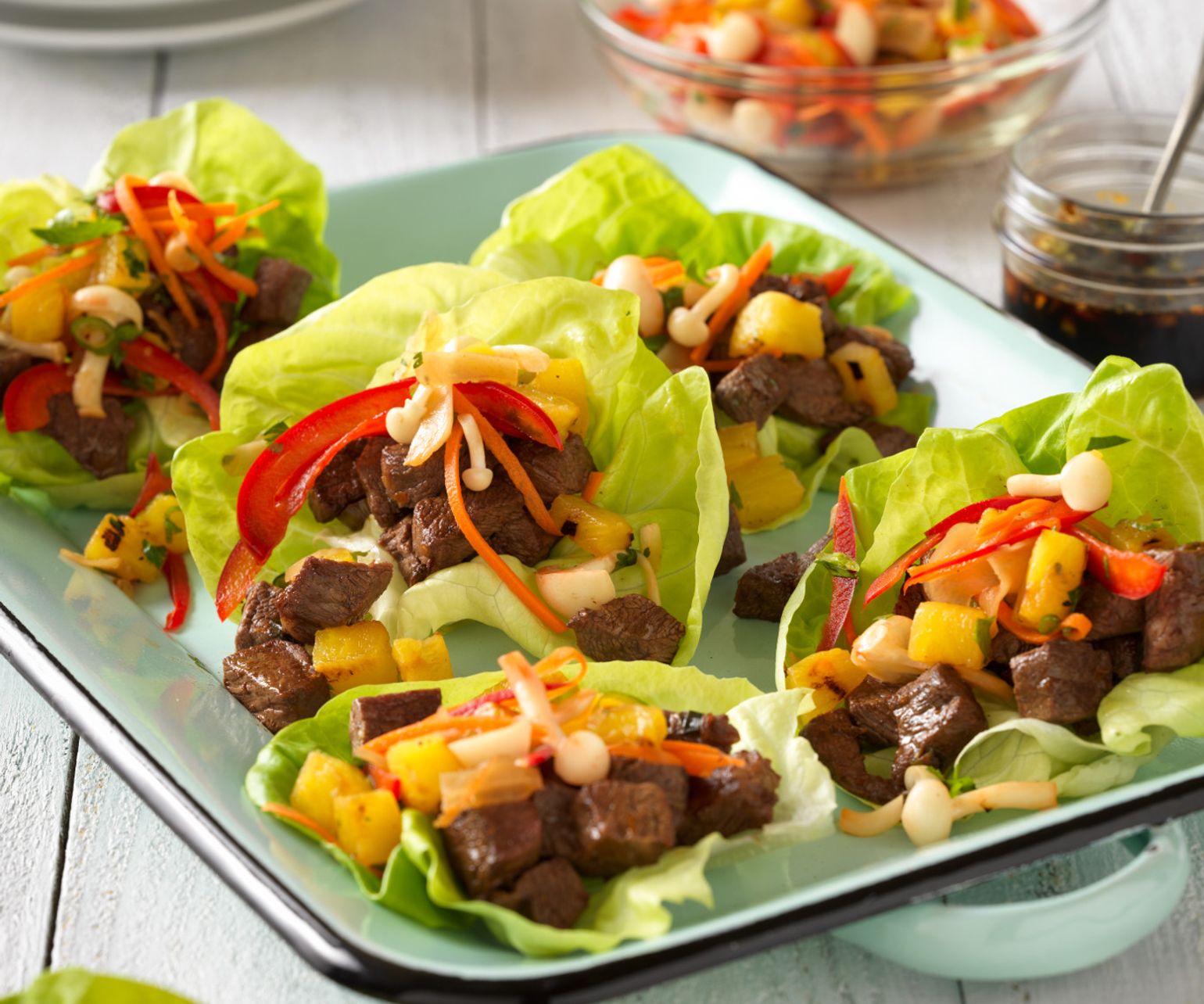 Savory Beef Steak Lettuce Cups with Grilled Pineapple Relish