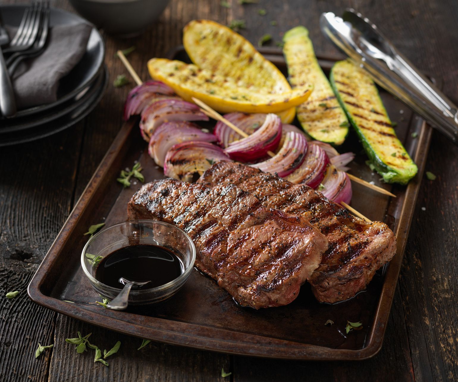 Beef Strip Steaks with Balsamic Grilled Vegetables