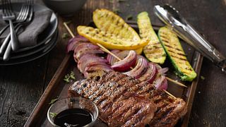 Beef Strip Steaks with Grilled Balsamic Vegetables