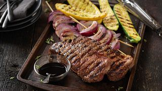 Beef Strip Steaks with Grilled Balsamic Vegetables