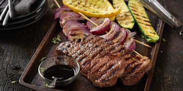 Beef Strip Steaks with Grilled Balsamic Vegetables