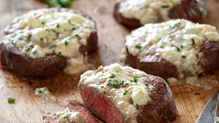 Beef Tenderloin Steaks with Blue Cheese Topping Vertical