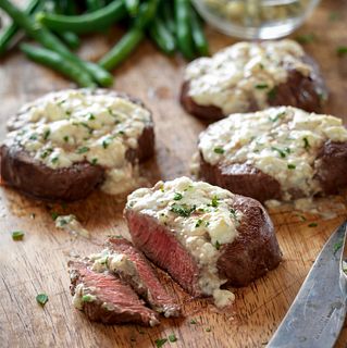 Beef Tenderloin Steaks with Blue Cheese Topping Vertical