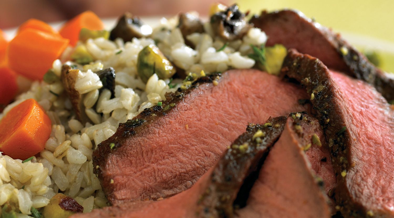 Grilled Flat Iron Steaks with Pistachio-Mushroom Rice