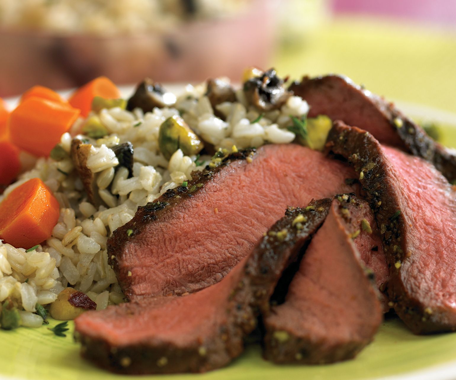 Grilled Flat Iron Steaks with Pistachio-Mushroom Rice