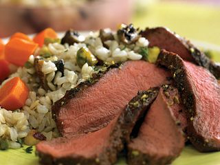 Grilled Flat Iron Steaks with Pistachio-Mushroom Rice