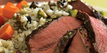 Grilled Flat Iron Steaks with Pistachio-Mushroom Rice