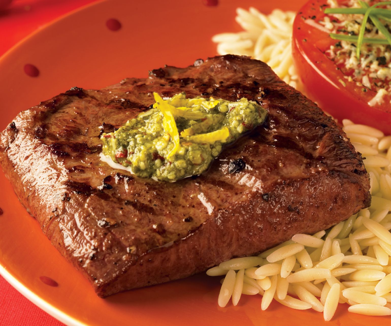 Spicy Lemon Pesto Flat Iron Steaks