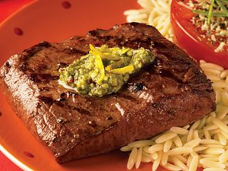 Spicy Lemon Pesto Flat Iron Steaks