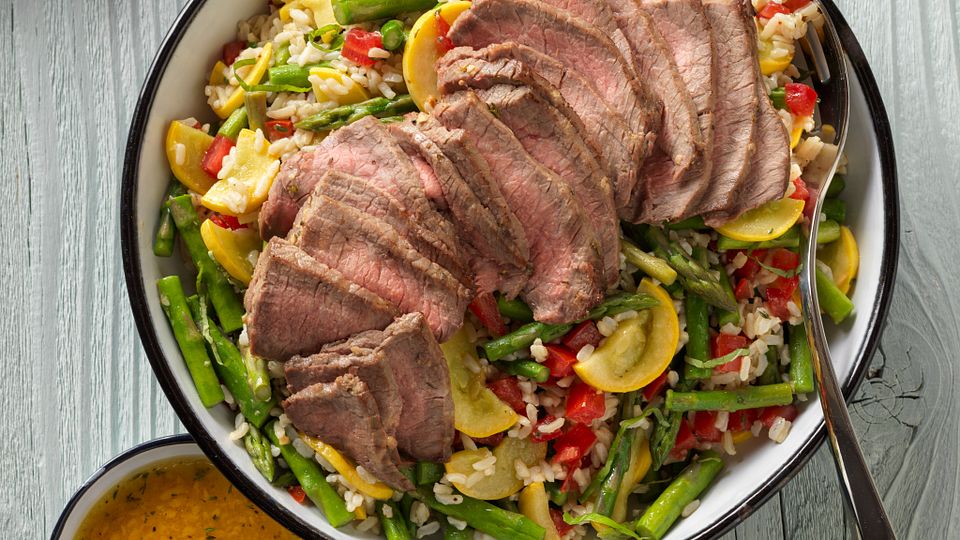 Farmers Market Vegetable, Beef and Brown Rice Salad