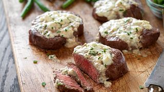Beef Tenderloin Steaks with Blue Cheese Topping Horizontal