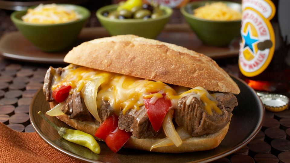 Sweet Onion & Pepper Beef Sandwiches with Au Jus