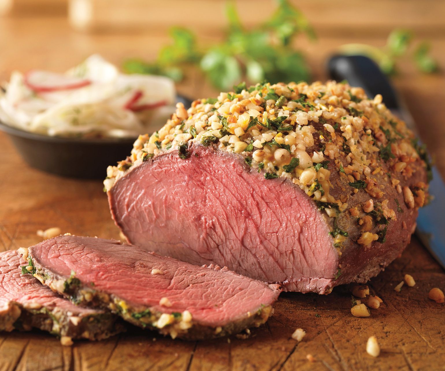 Nut-Crusted Top Sirloin Roast with Fennel-Radish Salad