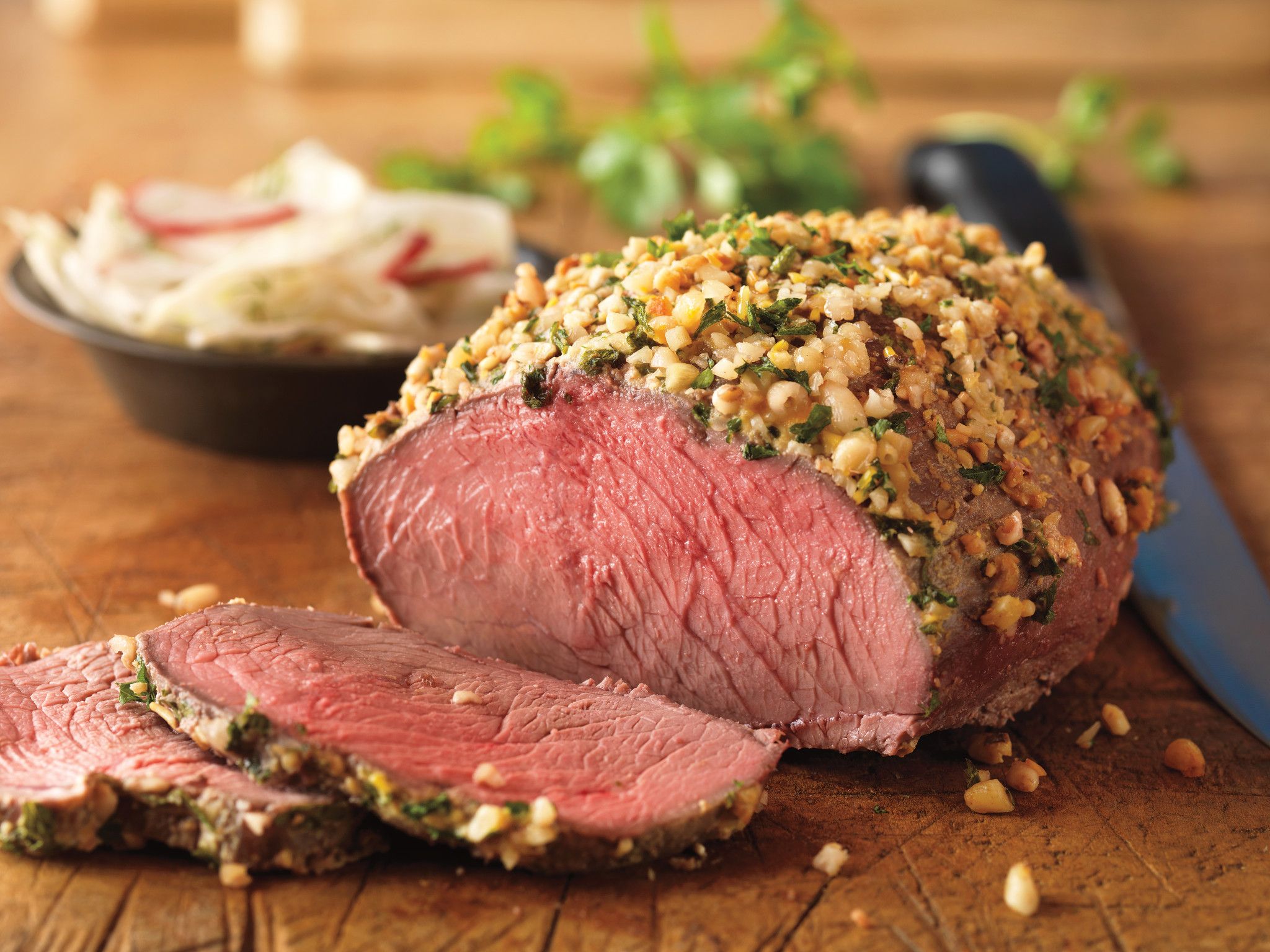 Nut-Crusted Top Sirloin Roast with Fennel-Radish Salad