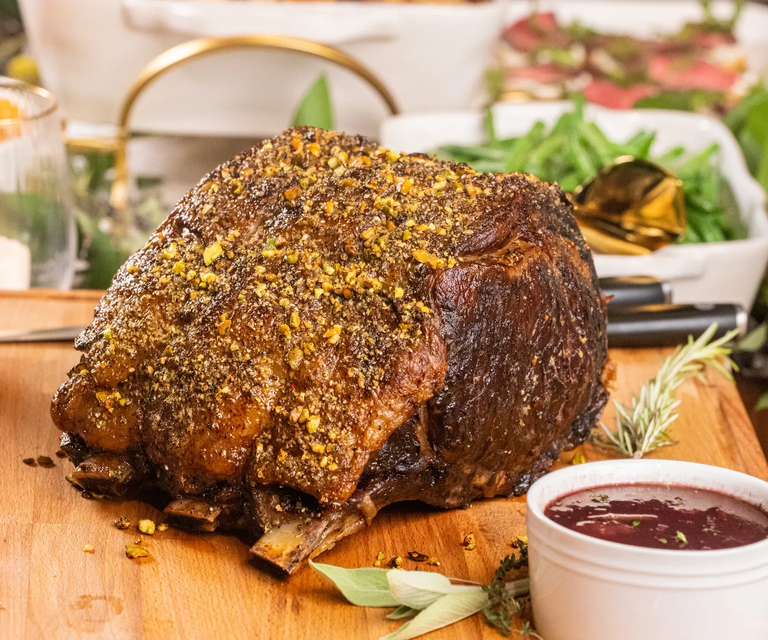 Pistachio-Crusted Beef Rib Roast with Holiday Wine Sauce