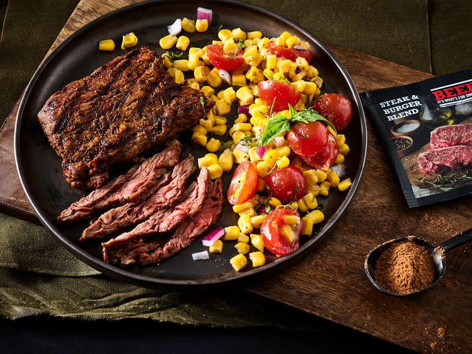 Cowboy Marinated Skirt Steak with Corn Salad