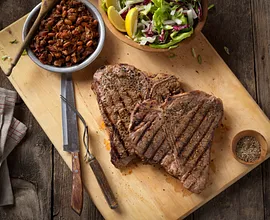 Rocky Mountain Grilled T-Bone Steaks with Charro-Style Beans