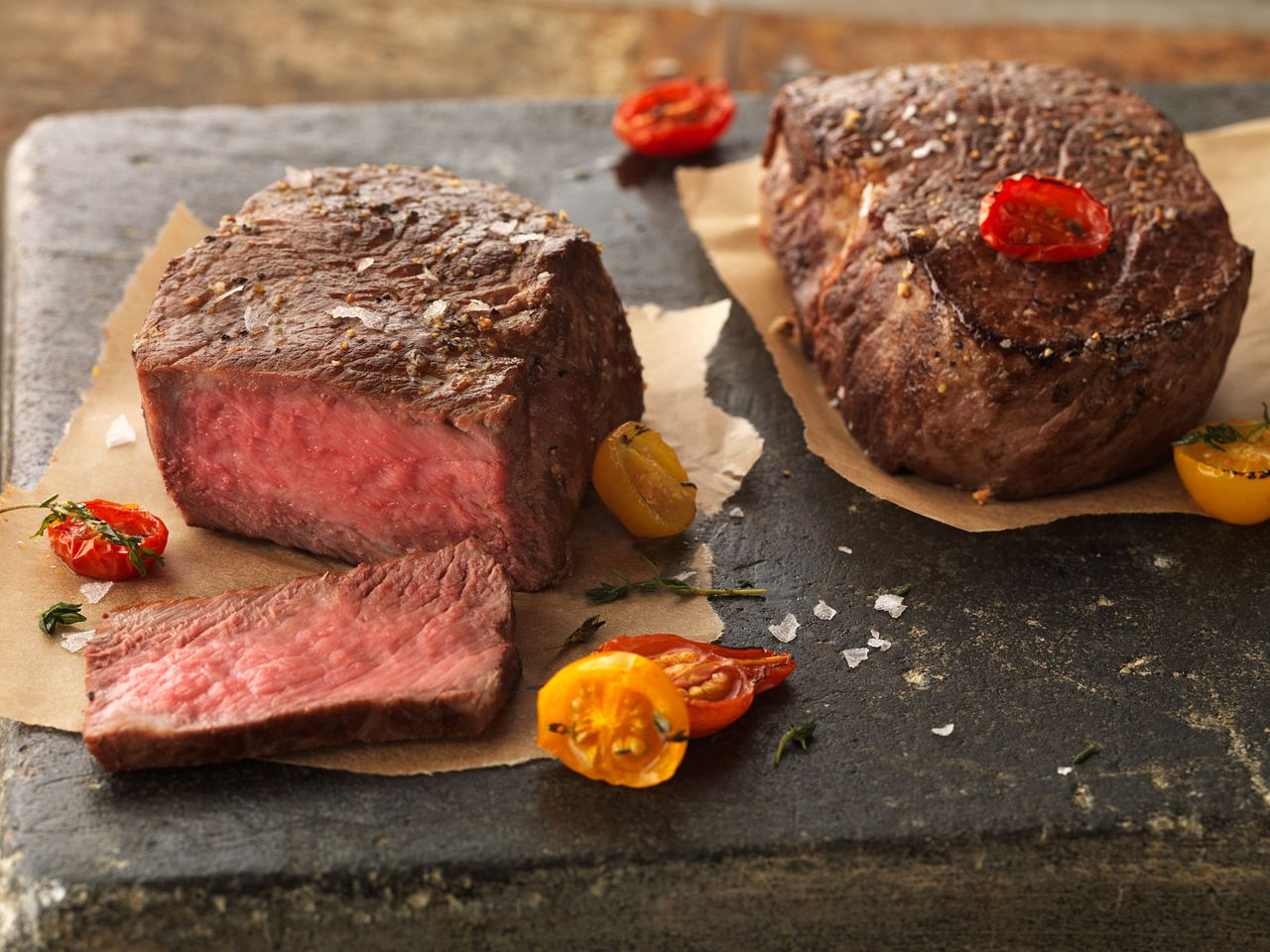 Lemon-Pepper Seasoned Ribeye Fillets with Roasted Tomatoes