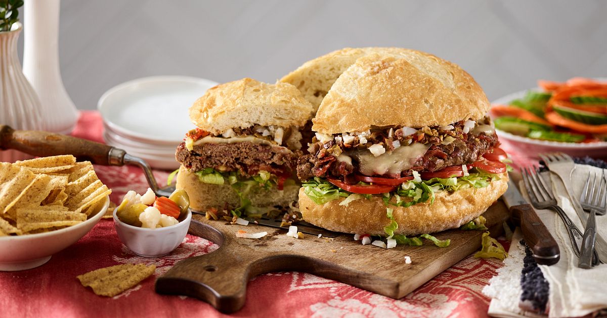 Beef Muffuletta Burger | Beef Loving Texans | Beef Loving Texans is your one-stop information center for beef recipes, cooking techniques and real life stories. Lean more about beef today. Brought to you by the Texas Beef Council.