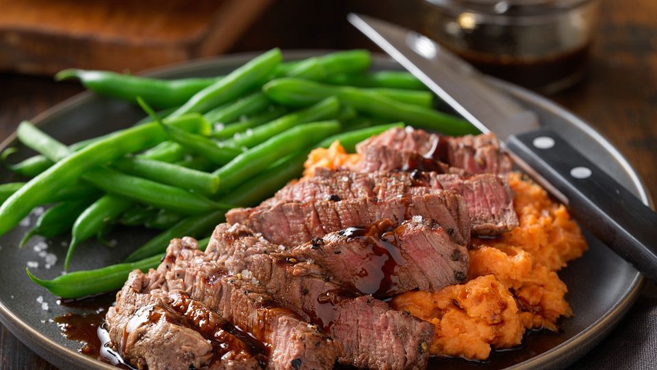 Espresso-Bourbon Steaks with Mashed Sweet Potatoes