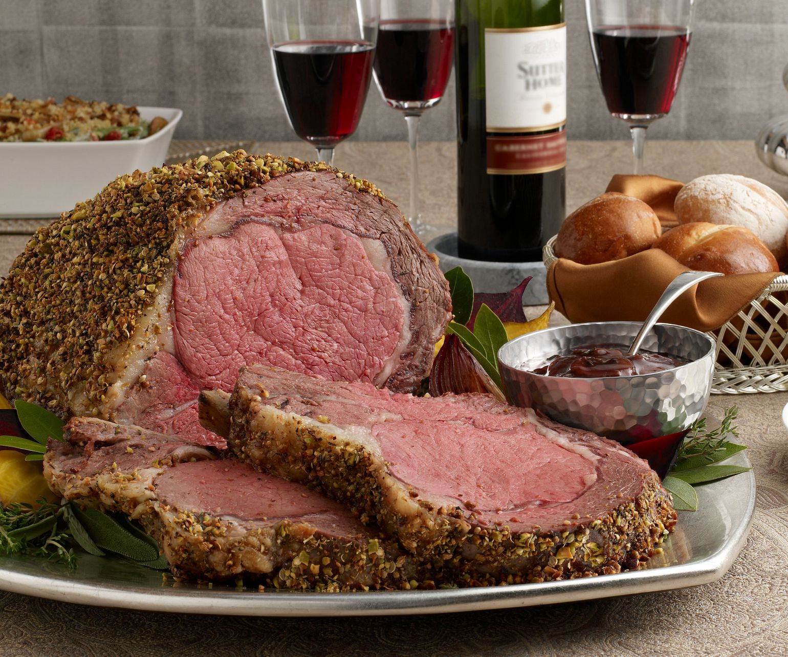 Pistachio-Crusted Beef Rib Roast with Holiday Wine Sauce
