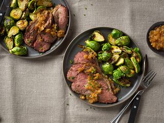 Red Eye-Rubbed Beef Sirloin Cap Roast with Roasted Garlic and Caramelized Onion Jam