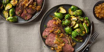 Red Eye-Rubbed Beef Sirloin Cap Roast with Roasted Garlic and Caramelized Onion Jam