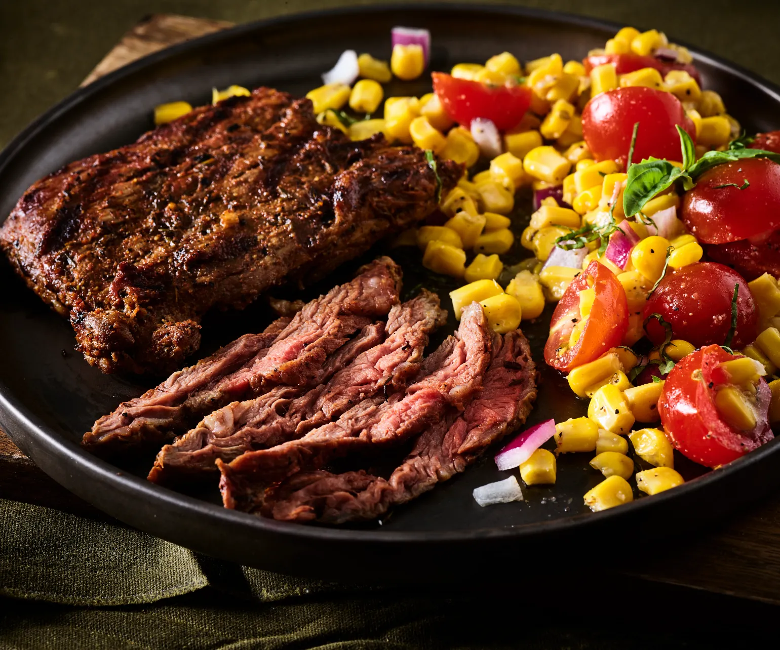 Cowboy Marinated Skirt Steak with Corn Salad