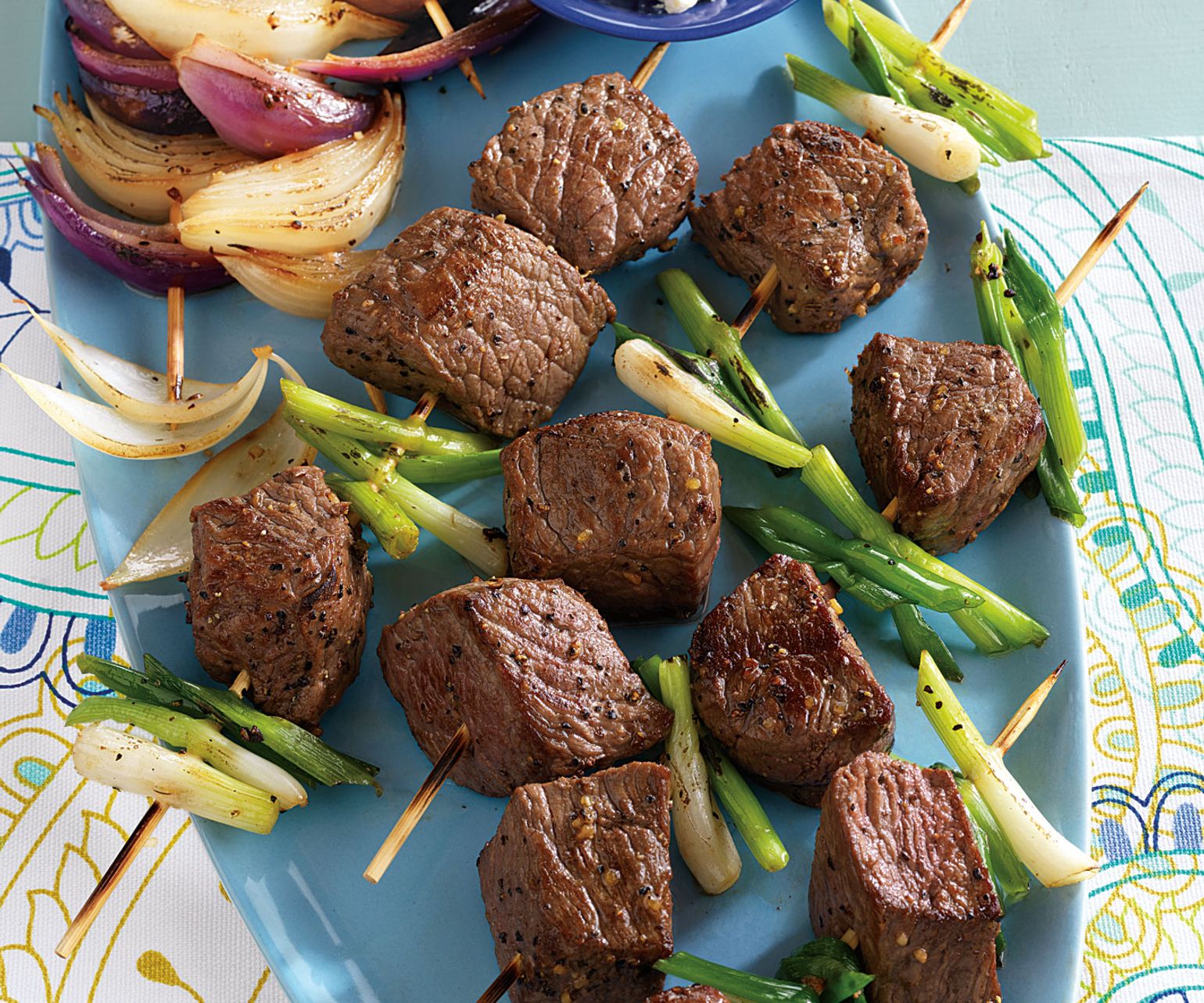 Grilled Steak Kabobs with Onions and Crumbled Blue Cheese