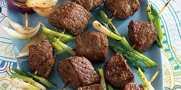 Onion Lover's Grilled Steak Kabobs with Crumbled Blue Cheese
