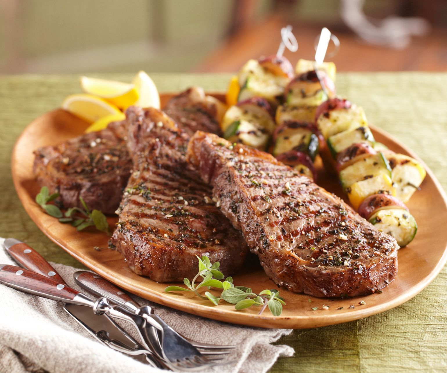 Ribeye Steaks and Seasoned Vegetable Kabobs