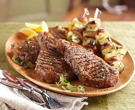 Ribeye Steaks and Seasoned Vegetable Kabobs