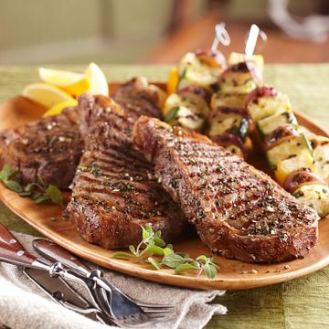 Ribeye Steaks and Seasoned Vegetable Kabobs