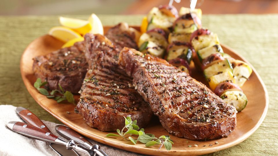 Ribeye Steaks and Seasoned Vegetable Kabobs