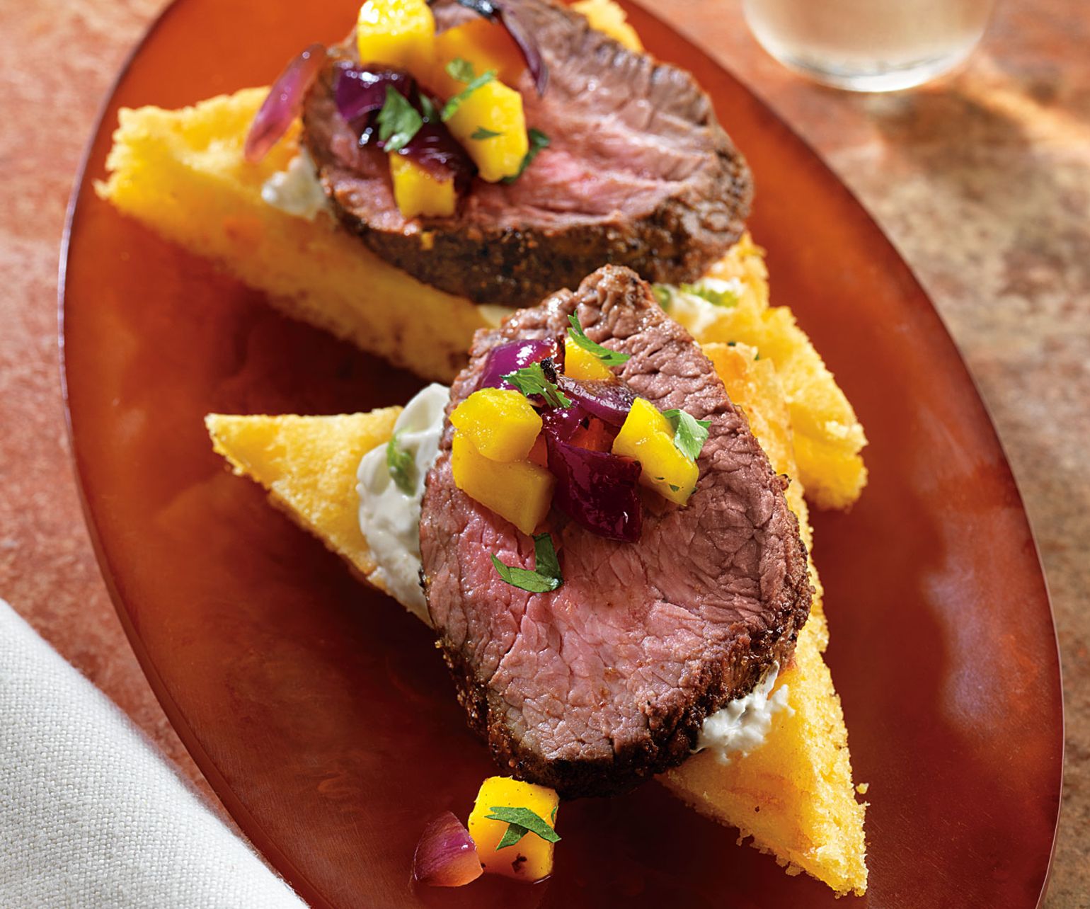 Ancho Chile Beef on Cornbread “Crostini”