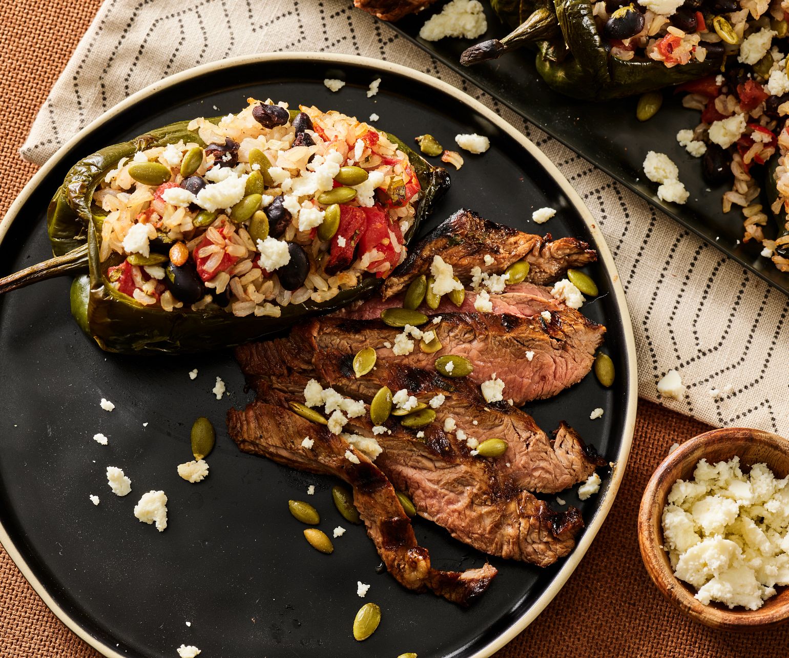 Lime-Marinated Flank Steak with Stuffed Poblano Peppers