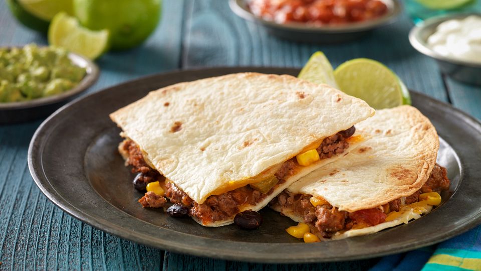 Easy Baked Beef, Bean and Corn Quesadillas