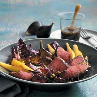 Steak, radicchio and figs are grilled then chopped and topped with thinly sliced pear and pistachios. Not your everyday salad.