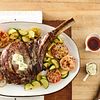 Grilled Beef Ribeye Steak with Parmesan Tomatoes and Squash