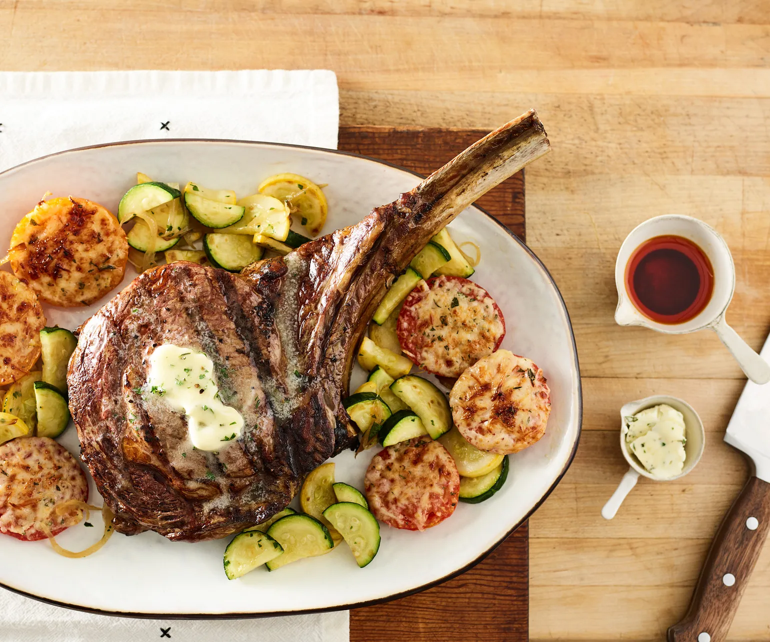 Grilled Beef Ribeye Steak with Parmesan Tomatoes and Squash