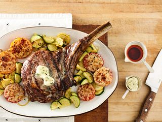 Grilled Cowboy Steak with Parmesan Tomatoes and Cucuzza Squash