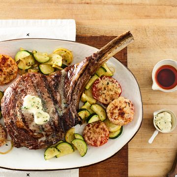 Grilled Beef Ribeye Steak with Parmesan Tomatoes and Squash