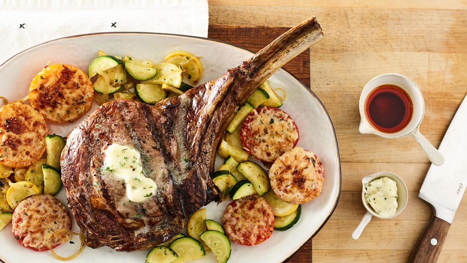 Grilled Beef Ribeye Steak with Parmesan Tomatoes and Squash