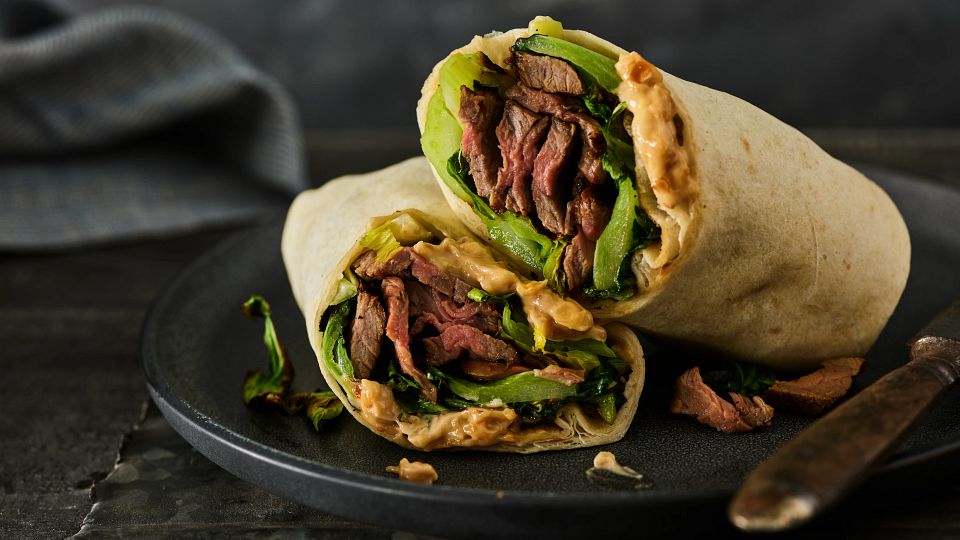 Grilled Szechuan Steak & Bok Choy Wraps with Spicy Peanut Mayonnaise