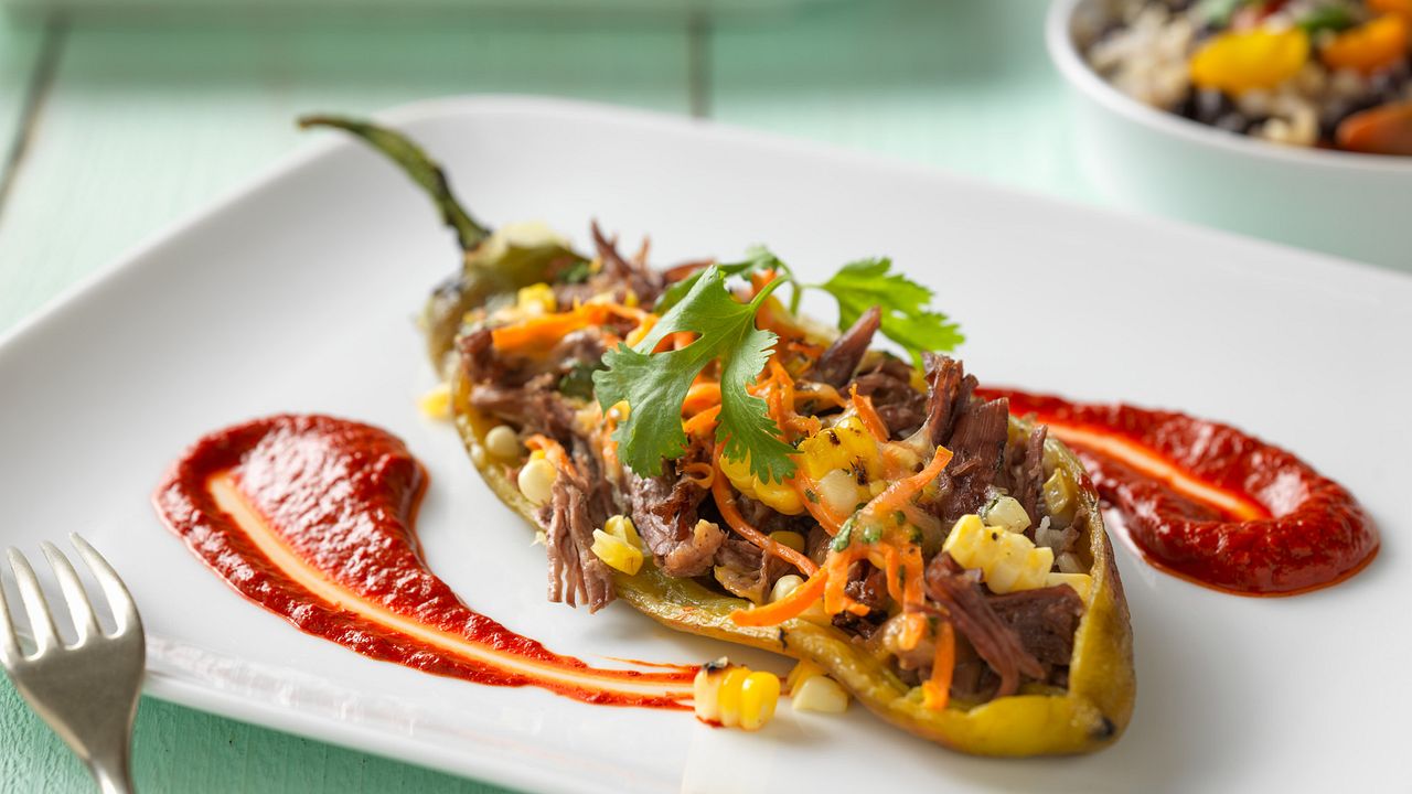 Shredded Beef-Stuffed Chile Relleno with Guajilloa Chile Sauce