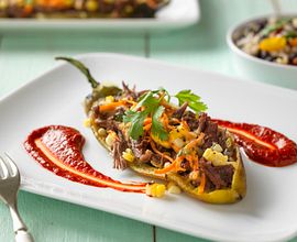 Shredded Beef-Stuffed Chile Relleno With Guajillo Chile Sauce