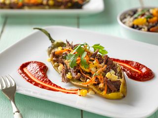 Shredded Beef-Stuffed Chile Relleno With Guajillo Chile Sauce