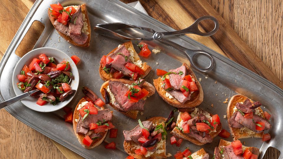 Beef Bruschetta with Roasted Garlic-Feta Spread