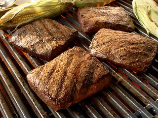 Flat Iron Steaks with Grilled Corn and Cumin-Lime Butter